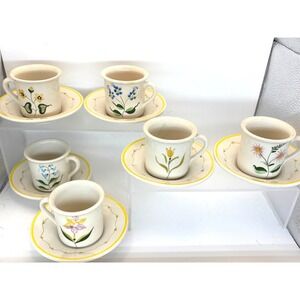 Secia Portugal Hand Painted Floral Demitasse Cups Saucers Set of 6 Yellow Trim